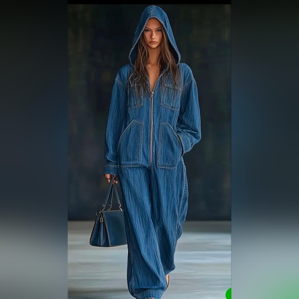 Blue Chamray Denim Hooded Jumpsuit